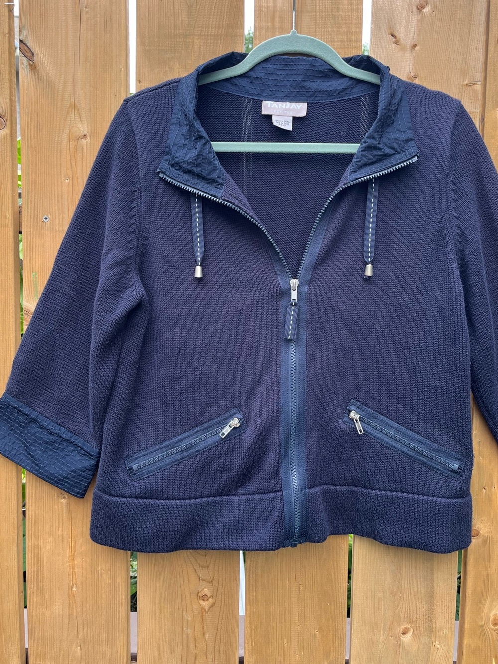 Coastal Grandma Navy Zip-Up 3/4 Sleeve Sweater Jacket Nautical Yacht